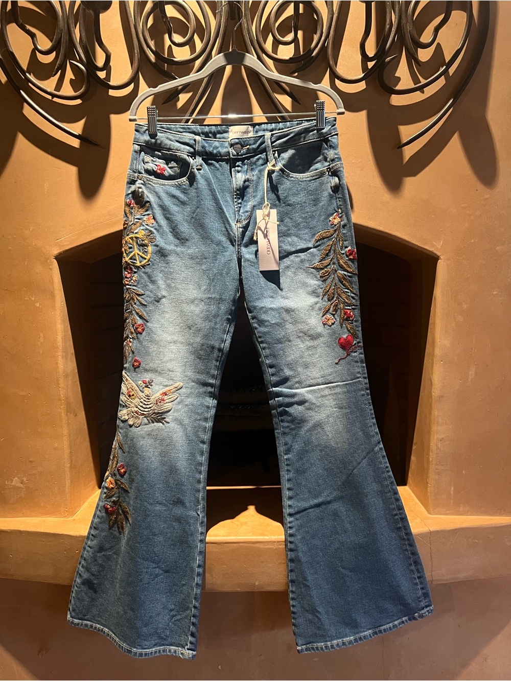 DRIFTWOOD Blue Embroidered Flare Jeans with Multicolor Stitching